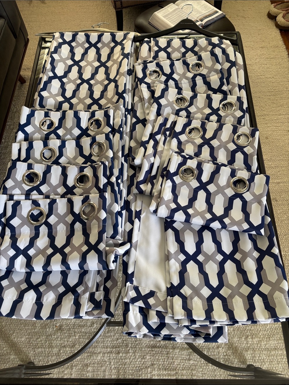 Geometric Navy and Gray Grommet Panel Set of 8 panels 52”W x 96”L